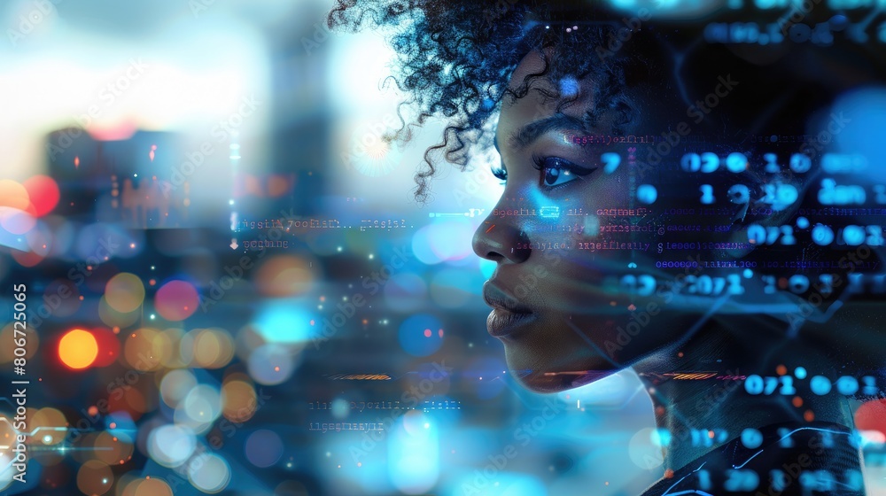A black woman in profile with computer code and data visualizations overlaying her face, overlaying digital elements A black woman in profile with computer code and data visualizations overlaying her face, overlaying digital elements