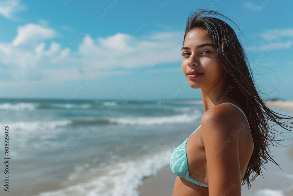 Beautiful girl in a swimsuit standing on the beach Beautiful girl in a swimsuit standing on the beach