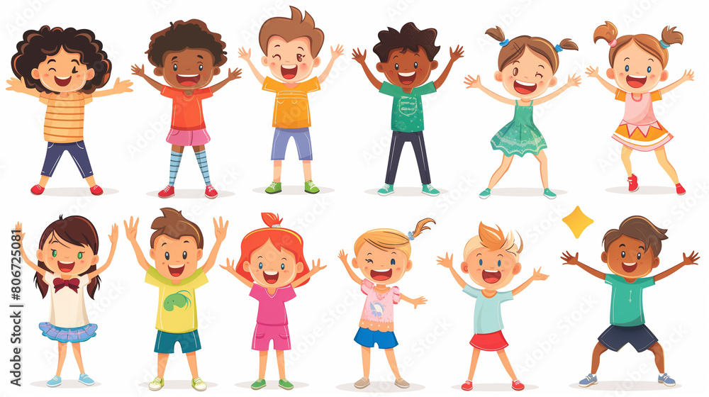 Happy kids cartoon collection. Multicultural children in different positions isolated on white background. Simple illustration. Happy children, multiracial group. Design elements. Happy kids cartoon collection. Multicultural children in different positions isolated on white background. Simple illustration. Happy children, multiracial group. Design elements.