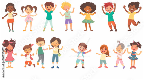 Happy kids cartoon collection. Multicultural children in different positions isolated on white background. Simple illustration. Happy children, multiracial group. Design elements.