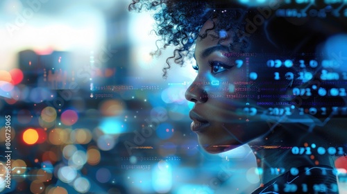  A black woman in profile with computer code and data visualizations overlaying her face, overlaying digital elements