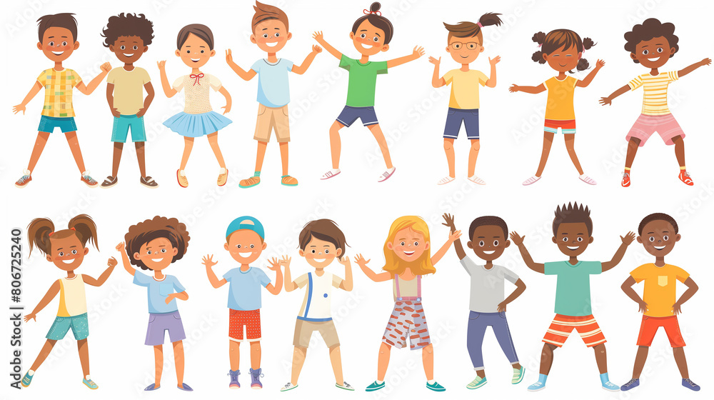 Happy kids cartoon collection. Multicultural children in different positions isolated on white background. Simple illustration. Happy children, multiracial group. Design elements.