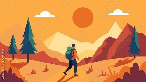 A solo orienteer trekking through a sundrenched valley the heat of the day adding an extra challenge to their navigation skills.. Vector illustration