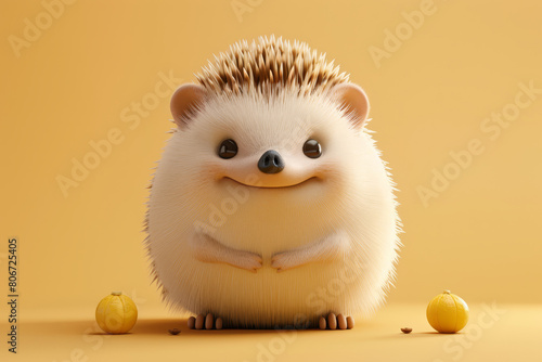 Digital illustration of a cute, stylized cartoon hedgehog with oversized expressive eyes on a soft blue background.. © bajita111122