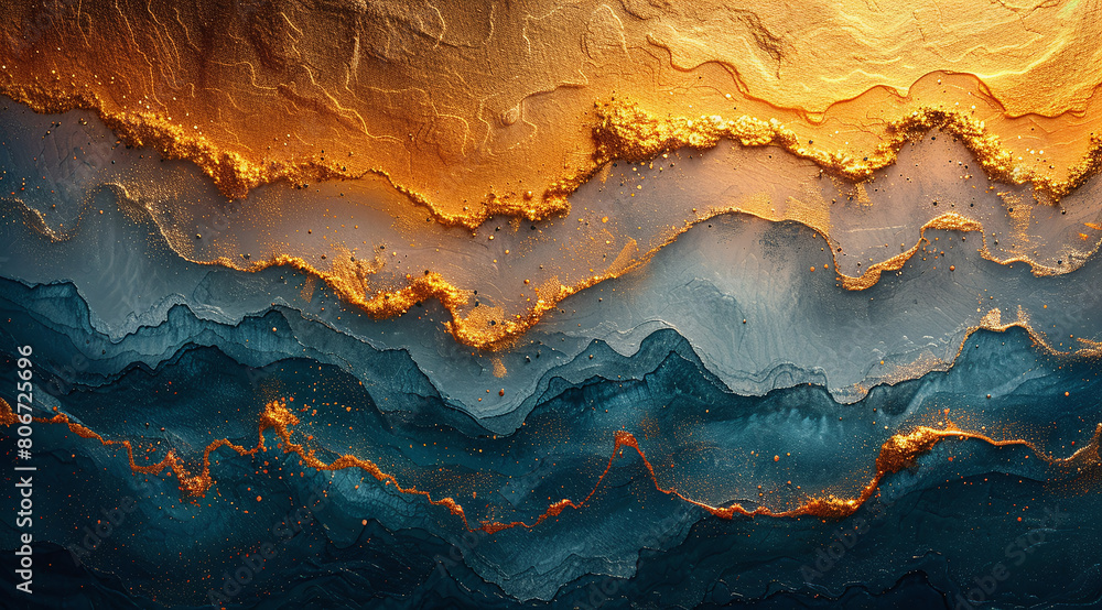 Abstract art with golden and blue textured waves resembling a dynamic ocean scene. Abstract art with golden and blue textured waves resembling a dynamic ocean scene.