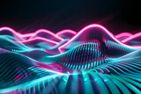 Illuminated neon waves with teal and magenta light reflections. Captivating design on black background.