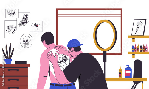 Tattoo salon. Modern studio interior with professional devices and tattooist at work. Vector of tattoo tool, tattooing studio salon, professional equipment ink illustration