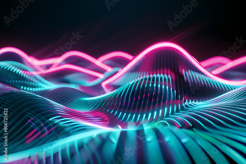 Illuminated neon waves with teal and magenta light reflections. Captivating design on black background.