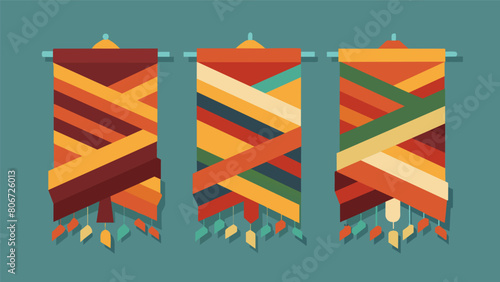 A series of intricate tapestries woven from strips of repurposed fabric showcasing the beauty of sustainable fashion practices.. Vector illustration