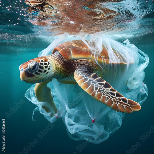 sea turtle entangled in a plastic bag underwater