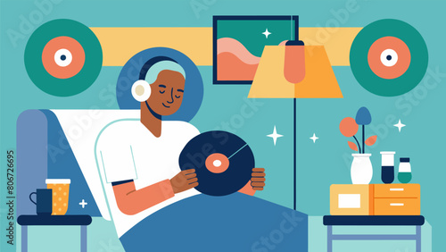 In a hospital room a patient undergoing chemotherapy finds comfort in music therapy utilizing vinyl records. As they listen to the soothing sounds Vector illustration