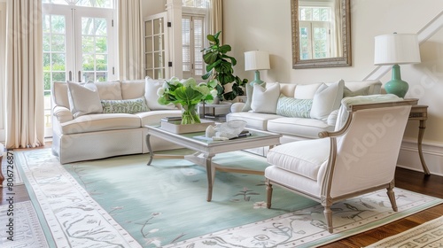 Ivory area rug with mint green border paired with ivory upholstered furniture. © Sana