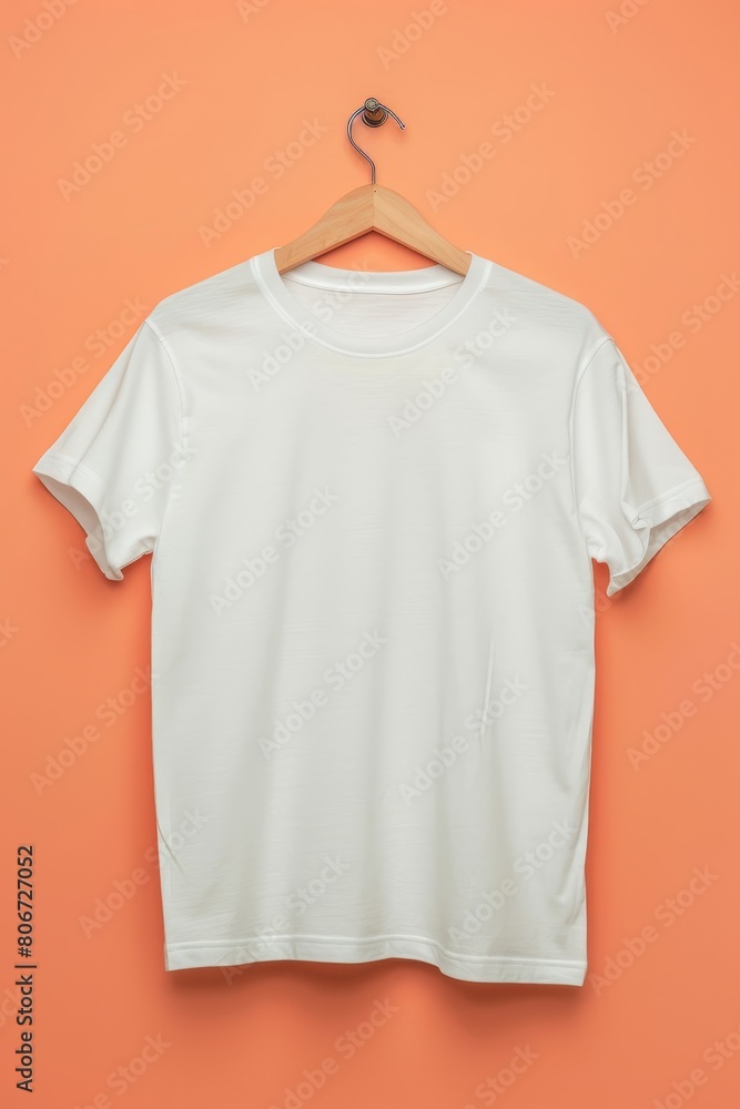Blank white t-shirt mockup on peach solid background, mock up, template, copy space, top view Blank white t-shirt mockup on peach solid background, mock up, template, copy space, top view