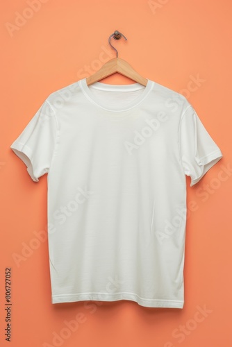 Blank white t-shirt mockup on peach solid background, mock up, template, copy space, top view