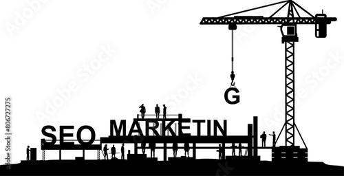 Vektor Silhouetten Darstellung symbolisch - Marketing Strategie wird aufgebaut und daran gearbeitet - Team mit Menschen arbeitet zusammen an dem Konzept - SEO