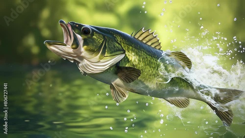 A large fish is leaping out of the water, with its mouth open. Concept of excitement and action, as the fish is in the midst of a thrilling moment photo