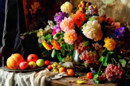 Wallpaper Mural Still life image flowers in a vase and fruits, imitation oil painting. Torontodigital.ca