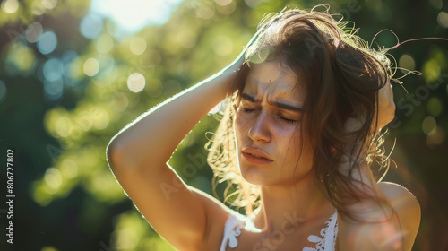 upset young woman holds her sore head with her hands in the park, sunstroke, summer, sun, dizziness, migraine, illness, heat, stroke, greens, trees, man, pain