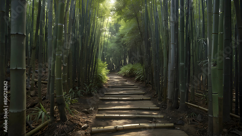 A narrow path winding through a dense bamboo forest. photo