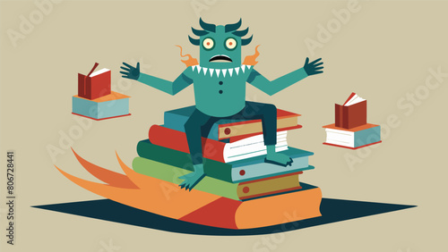 A float with a grotesque figure made of books each one containing twisted facts and biased perspectives..