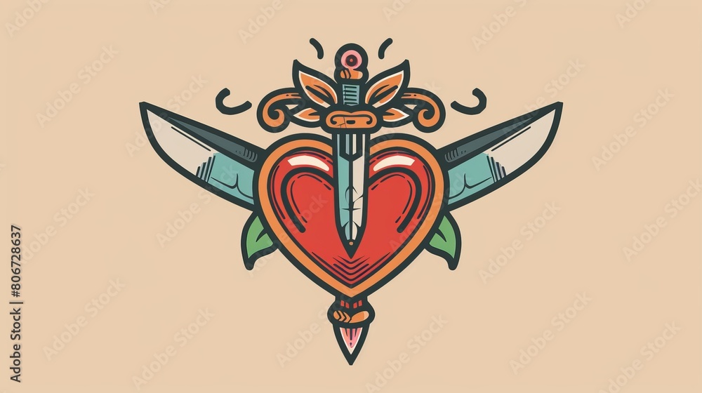 Close view of a classic American tattoo art, featuring a heart and dagger, characterized by thick outlines and flat color fill, on a clean background Close view of a classic American tattoo art, featuring a heart and dagger, characterized by thick outlines and flat color fill, on a clean background