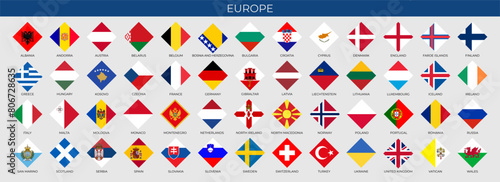 A set of rhombus flags of European countries. Vector illustration