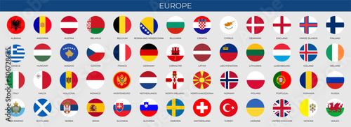 Set of round flags of European countries in alphabetical order. Vector illustration
