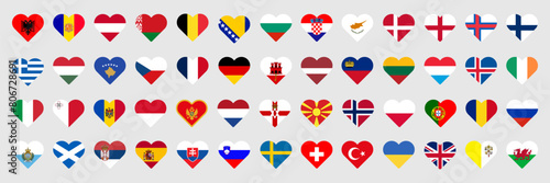 Set of heart flags of European countries. Patriotic symbol. Vector illustration