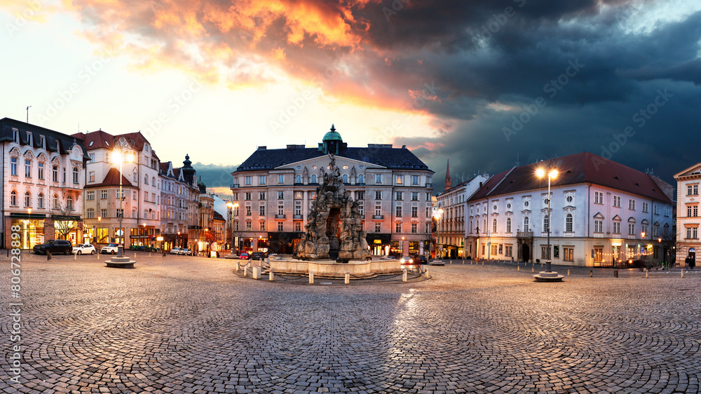 Brno - panorama of Zeleny trh square at dramatic sunset, Czech Republic
