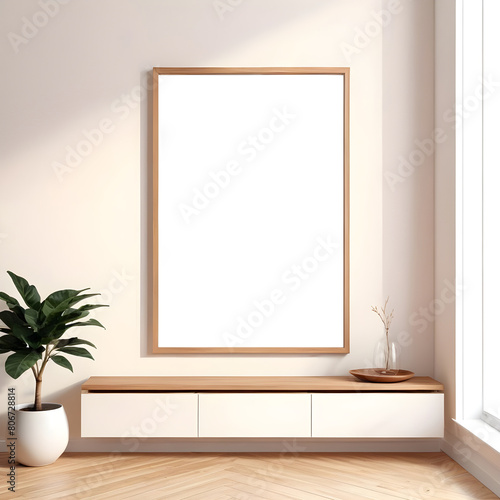 Picture frame mockup poster template on the white wall in the living room with plants  3d render
