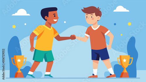 Despite the tough competition the young athletes show good sportsmanship and shake hands after each game.. Vector illustration