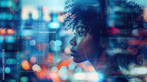  A black woman in profile with computer code and data visualizations overlaying her face, overlaying digital elements