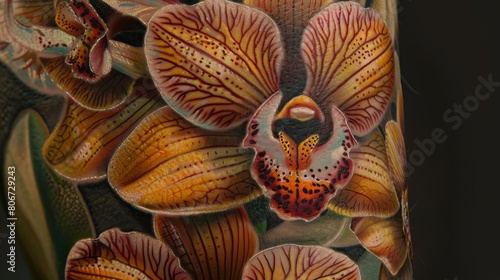Close-up view of a floral tattoo featuring elegant orchids, signifying luxury and strength, with vivid colors and fine details, against a stark background