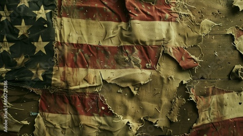 Close-up view of an old American flag, edges frayed, fluttering against the backdrop of an expansive American journey, minimalistic background