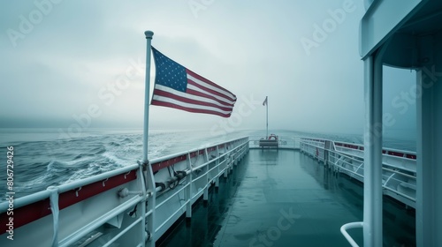 Close-up view of an American flag on a ferry, representing travel and adventure across American waters, simple isolated backdrop