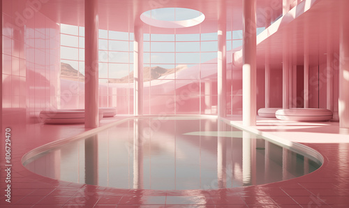 a pink room with a pool and a large window