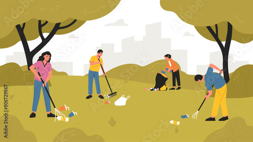 Volunteers cleaning up parks, pick up garbage. Vector of garbage in park, illustration of volunteer rubbish, environment ecology