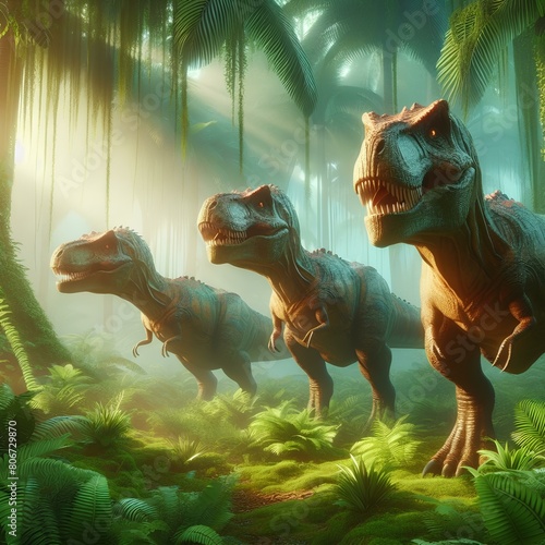 Three Dinosaur Tyrannosaurus Rex in lush jungle.