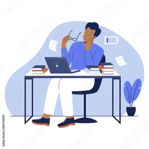 Tired employee sitting at work. Flat vector illustration
