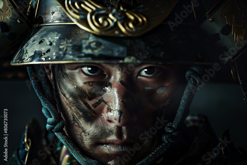 Haunting Samurai Portrait with Vivid Blue Lighting and Shadows