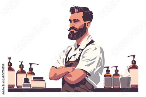 Перевод
Illustration of a stylish handsome guy with a beard. Portrait of a barber on a white background.