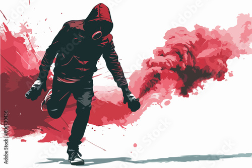 Vector illustration of a football fan with a smoke bomb in his hands. Football fan. Ultras. Revolution. Riot. Protest.