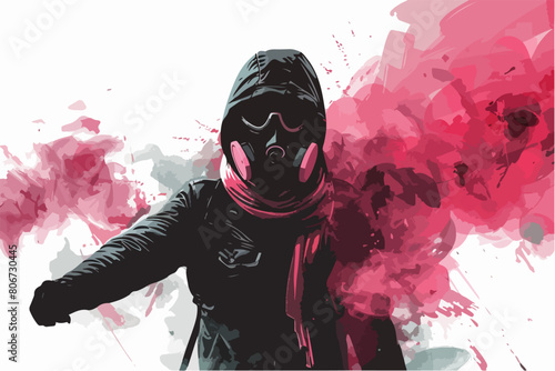 Vector illustration of a football fan with a smoke bomb in his hands. Football fan. Ultras. Revolution. Riot. Protest. photo