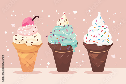 Illustration of ice cream in a cone. Summer cooling dessert.