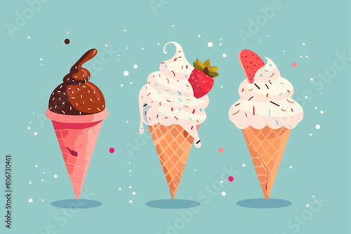 Illustration of ice cream in a cone. Summer cooling dessert.