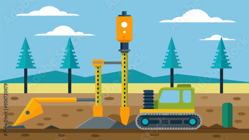 The use of specialized drill equipment to secure foundation bolts into the ground for additional support.. Vector illustration