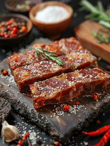 Dehydrated pig meat seasoned with herbs and sodium on the surface for extended preservation.