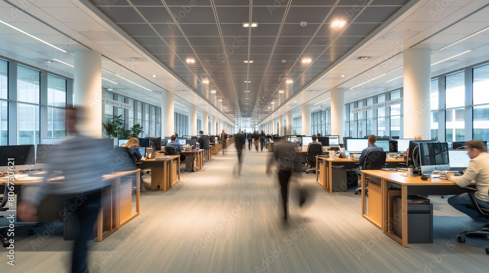 Amidst the hustle and bustle of a bustling office environment, figures move swiftly in blurred motion, creating a sense of movement and activity in the bright business workplace.