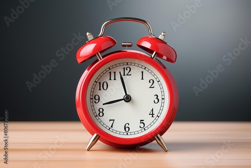 A red alarm clock is sitting on a wooden table. The clock is set to 7:00 AM. The background is a dark grey wall.