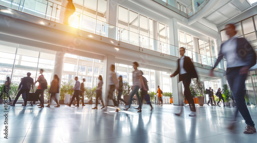 Against the backdrop of a vibrant business workplace, people walk with purpose in blurred motion, symbolizing the forward momentum and activity of the modern office space. photo